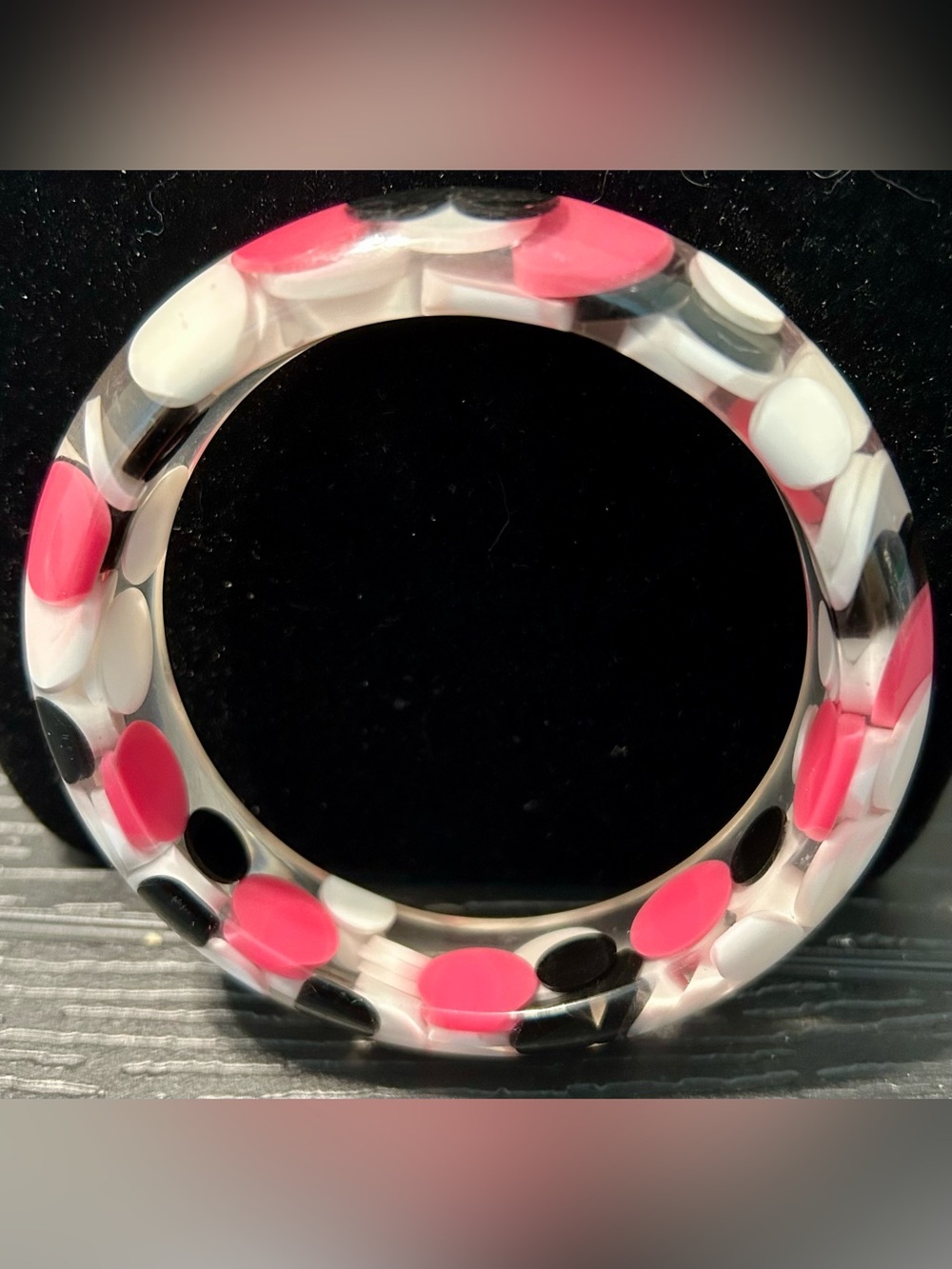 Vintage Black, White and Hot Pink Injected Pill Dot Lucite Resin Bangle Bracelet - Picture 1 of 7